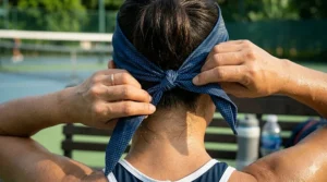 Illustration of an adjustable tie-back cooling bandana providing a secure fit for tennis movements.