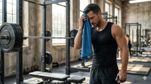A male bodybuilder using a PVA cooling towel for athletes to recover between heavy lifting sets.