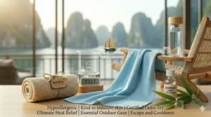 A blue bamboo cooling towel draped over a beach chair to provide sun protection and heat relief.