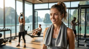 A person draped in a gray bamboo cooling towel during a high-intensity gym workout for heat relief.