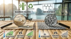 A side-by-side comparison of biodegradable bamboo fabric versus synthetic microfiber towels.