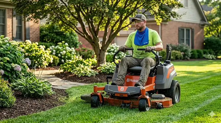 A professional landscaper wearing a blue moisture-wicking cooling bandana while operating a lawnmower in direct sunlight. top cooling bandanas for landscapers