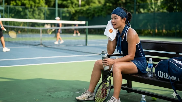 A professional tennis player wearing a blue cooling bandana during a match break to stay hydrated and cool.