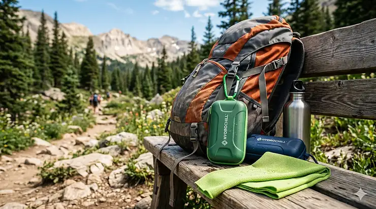 A vibrant flat-lay of a portable cooling towel neatly folded next to its compact silicone carrying case on a gym bench. portable cooling towels with case
