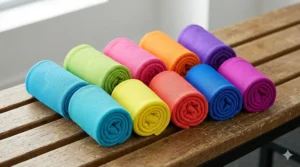 A photorealistic 4K image capturing an array of ten colorful, lightweight microfiber cooling towels tightly rolled to demonstrate their small, space-saving storage size.