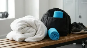 A photorealistic direct size comparison in a gym locker room showing a bulky traditional cotton towel next to a tightly rolled compact cooling towel, emphasizing saved space.