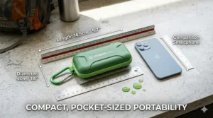 Graphic comparing the small, pocket-sized travel case of a cooling towel to a standard smartphone.