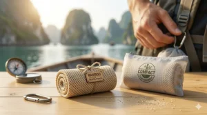 A lightweight bamboo cooling towel folded into a compact travel pouch for hiking and camping.