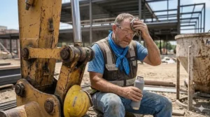 A worker taking a break to stay hydrated and wipe sweat, demonstrating the importance of heat stress management on-site.