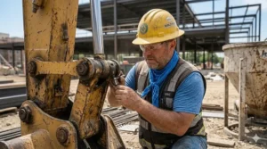 A professional construction worker wearing a blue cooling neck wrap while performing maintenance on heavy machinery.