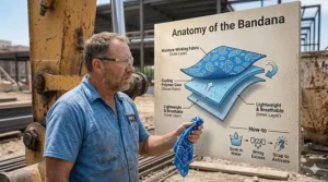 Cross-section illustration of the moisture-wicking layers and polymer core in a heavy-duty cooling bandana.