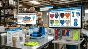 Various colors and patterns of professional-grade cooling bandanas suitable for warehouse safety gear.