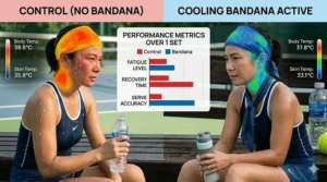 Infographic comparing body temperature with and without a cooling bandana during a high-intensity tennis set.