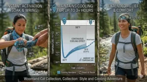 Infographic showing how patterned cooling bandanas maintain low temperatures for up to 3 hours.