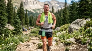 Illustration of a runner wearing a cooling towel around their neck during a sunny outdoor workout.