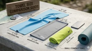 A layout showing different sizes of microfiber cooling towels available for sports and yoga.