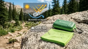Illustration highlighting the UPF 50 sun protection features of a portable microfiber cooling towel.