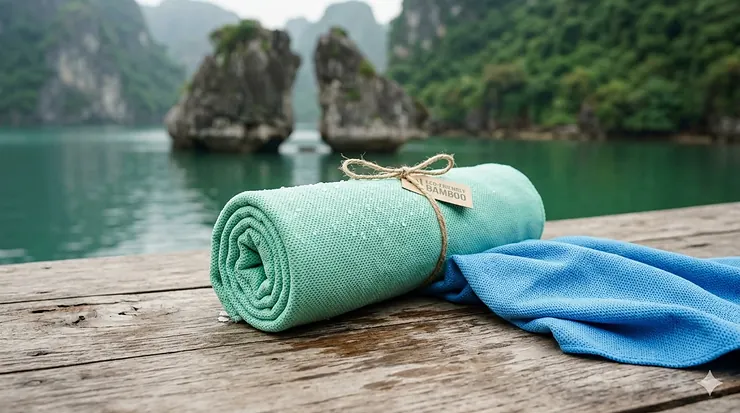 A rolled-up mint green eco-friendly bamboo cooling towel resting on a sustainable wooden surface with water droplets. eco friendly bamboo cooling towels