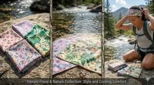 Stylish cooling bandanas for women featuring vibrant floral and leaf patterns.