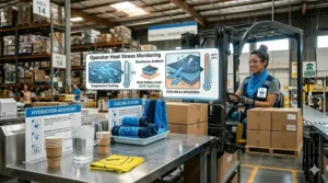 A forklift operator using a cooling bandana to stay focused and comfortable during a long shift in a hot facility.
