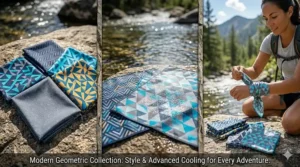A collection of cooling bandanas featuring modern geometric and triangle patterns.