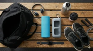 A photorealistic 4K overhead flat lay of gym essentials, featuring the neon blue compact cooling towel neatly rolled for space-saving efficiency next to a gym bag.
