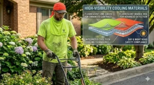 Illustration featuring high-visibility lime and orange cooling bandanas for roadside landscaping safety.