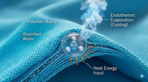 A 4K infographic with natural light, showing a detailed close-up of the neon blue microfiber fabric with text labels explaining the endothermic evaporation process.