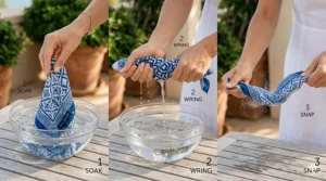 A photorealistic 4K diagram on a weathered teak surface showing the three steps to activate a luxury cooling bandana for women: 1. SOAK, 2. WRING, and 3. SNAP to initiate the cooling process.