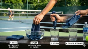 Illustration showing the soak, wring, and snap process to activate a tennis cooling neck wrap.