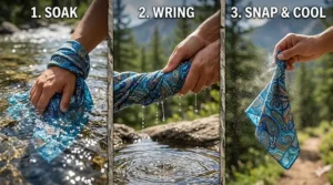 Illustration showing the three steps to activate patterned cooling bandanas: soak, wring, and snap.