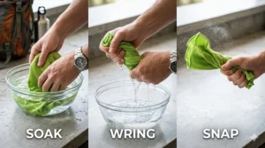 Illustration showing the three-step process to activate a cooling towel: soak, wring out, and snap in the air.