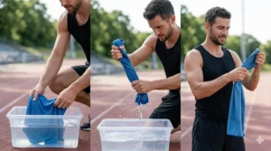 Step-by-step illustration showing how to soak, wring, and snap a PVA cooling towel for athletes.
