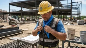 Graphic showing different ways construction workers can tie a cooling bandana for maximum heat relief.