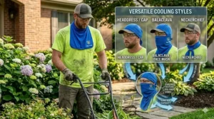 Graphic showing three different ways to tie a cooling bandana for maximum neck and forehead coverage.