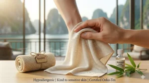 A soft-focus shot highlighting the hypoallergenic and skin-friendly weave of a bamboo cooling towel.