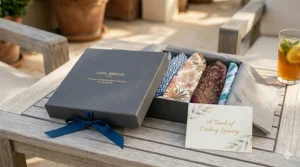 A photorealistic 4K illustration of premium gift packaging on a sunlit weathered teak surface, showcasing nested luxury cooling bandanas and an ivory card with gold foil accents.