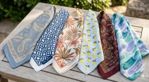 A photorealistic collection of luxury cooling bandanas for women in chic paisley, geometric, and floral patterns arranged on a weathered teak surface in natural light.