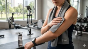 A fitness enthusiast using a blue microfiber cooling towel to stay refreshed during a gym session.