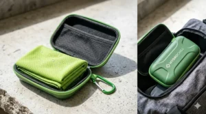 A ventilated carrying case designed to keep a damp portable cooling towel fresh and separated from other gym bag items.
