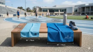 Comparison diagram showing the dimensions of oversized cooling towels for sports versus standard small gym towels.