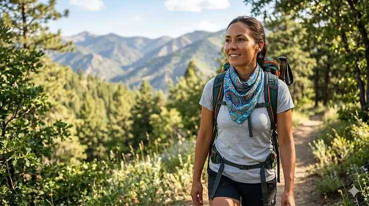 A person wearing a blue paisley patterned cooling bandana while hiking on a sunny day. patterned cooling bandanas