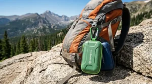 Close-up illustration of a cooling towel case with a carabiner clip attached to a hiking backpack.