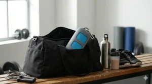 A photorealistic 4K image showcasing the neon blue compact cooling towel tightly rolled inside a ventilated, matte grey silicone carrying case with a carabiner clip.