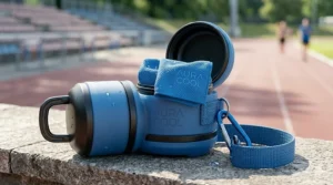 A lightweight, carabiner-attached storage bottle designed for carrying PVA cooling towels to the gym.