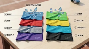 A flat-lay arrangement of various colored PVA cooling towels for athletes and fitness enthusiasts.