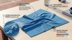 Close-up diagram of the hyper-evaporative breathable mesh material used in PVA cooling towels.