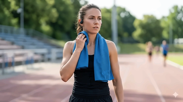 A female marathon runner wearing a blue PVA cooling towel for athletes to stay cool during an outdoor training session. PVA cooling towels for athletes
