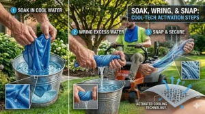 Simple three-step illustration showing how to soak, wring, and snap a bandana to activate cooling properties.