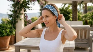 A photorealistic 4K illustration of a woman adjusting a luxury cooling bandana worn as a chic blue and white patterned headband on a sun-drenched Mediterranean terrace.